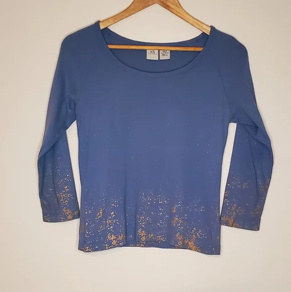 Gold Splash Periwinkle Blue 3/4 Sleeve Armani Exchange Shirt with Paint Accents - Picture 3 of 13